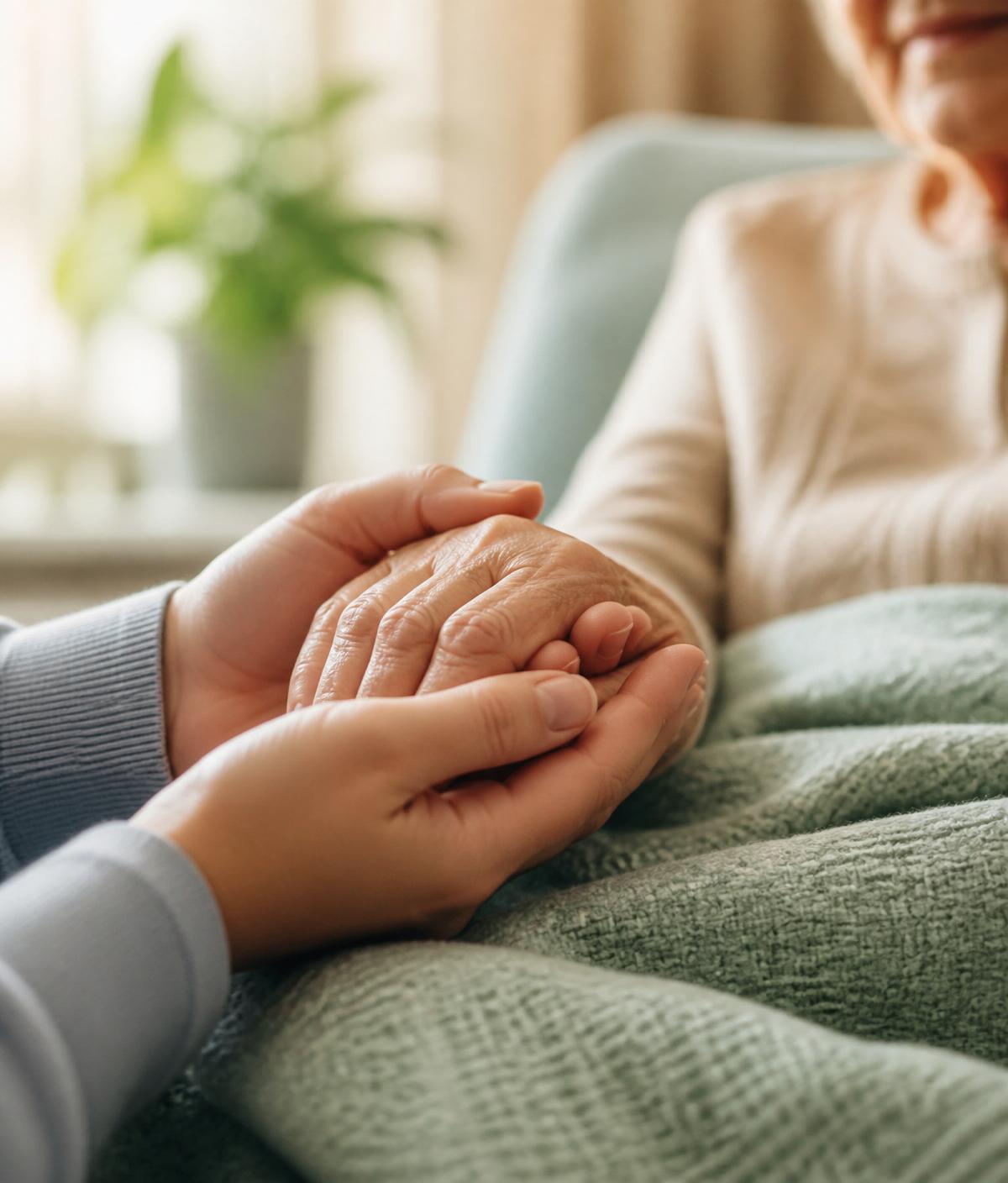 A caregiver holds an elderly person's hand